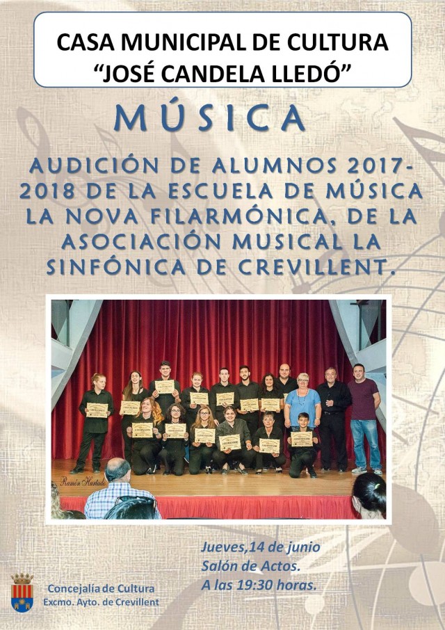 AUDICIÓN DE ALUMNOS 2017-2018 DE LA ESCUELA DE MÚSICA LA NOVA FILARMÓNICA, DE LA ASOCIACIÓN MUSICAL LA SINFÓNICA DE CREVILLENT.