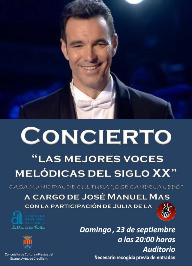 CONCIERTO “LAS MEJORES VOCES MELÓDICAS DEL SIGLO XX”, A CARGO DE JOSÉ MANUEL MAS, CON LA COLABORACION DE JULIA, DEL PROGRAMA “LA VOZ KIDS”.