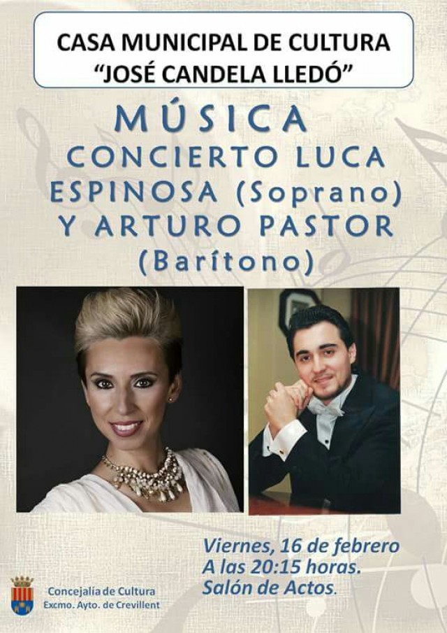 Los artistas crevillentinos Luca Espinosa y Arturo Pastor, junto al pianista Christian Lindsey, actuarán en la Casa Municipal de Cultura “José candela Lledó”.