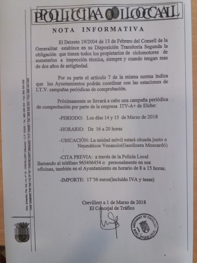 El Ayuntamiento de Crevillent y la Policía Local informan de la campaña periódica de ITV para ciclomotores