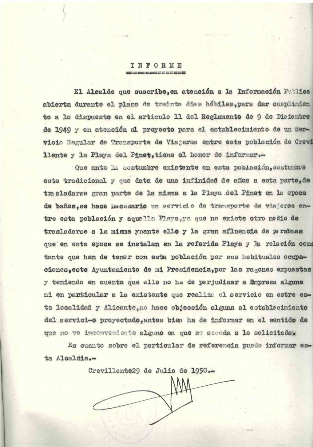 El expediente de contratación del servicio de transporte entre Crevillent y la playa del Pinet de 1950 es el documento destacado del mes de julio del Archivo Municipal “Clara Campoamor”