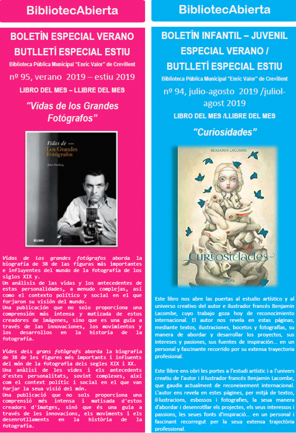 “Curiosidades” y “Vidas de los Grandes Fotógrafos” son los libros del mes de julio y agosto de la Biblioteca “Enric Valor”