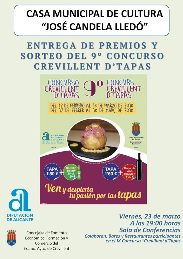 ENTREGA DE PREMIOS Y SORTEO  DEL 9º CONCURSO CREVILLENT D’TAPAS.