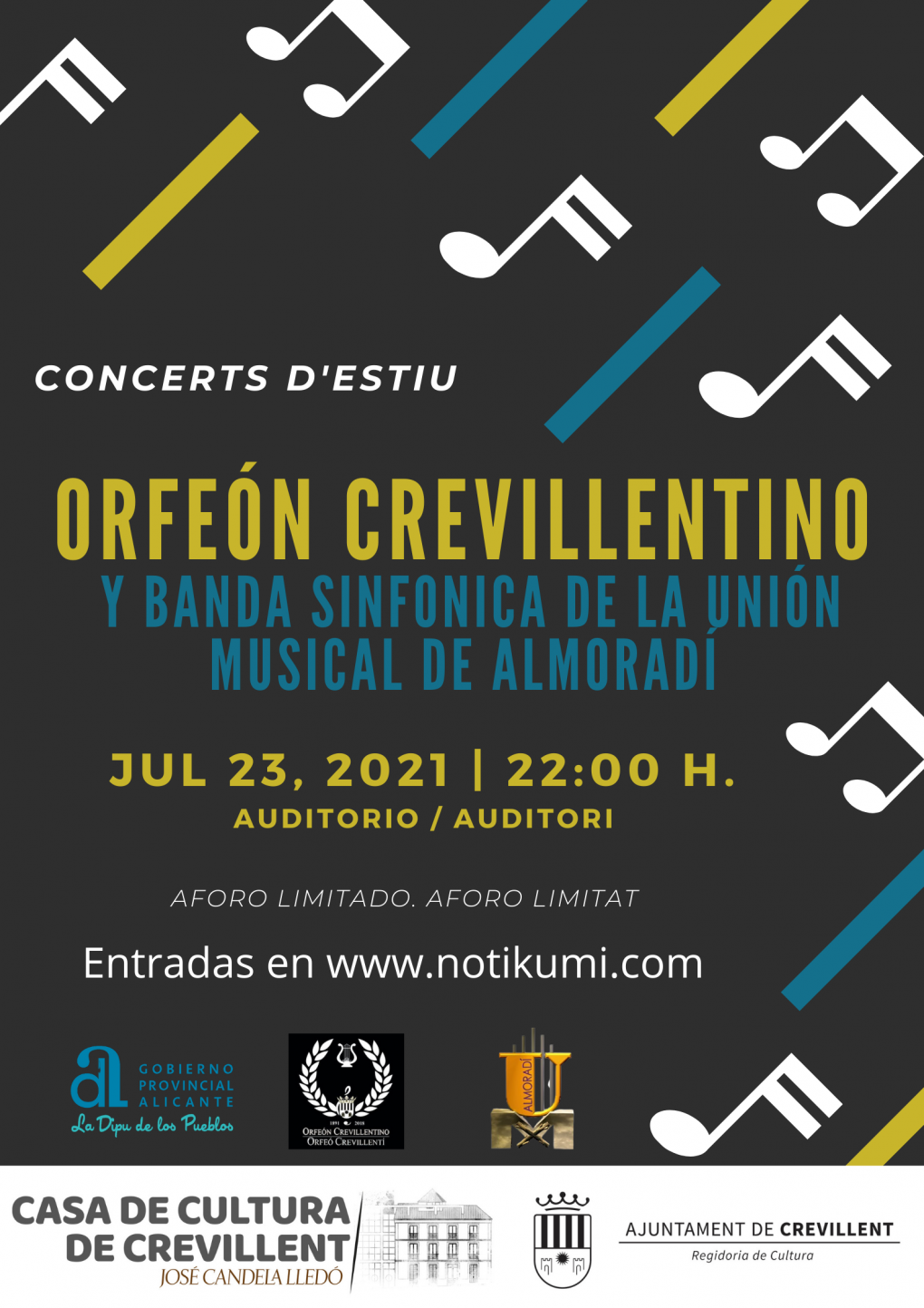 CONCERTS D’ESTIU: A CARGO DEL ORFEÓN CREVILLENTINO Y LA BANDA SINFÓNICA DE LA UNIÓN MUSICAL DE ALMORADÍ.