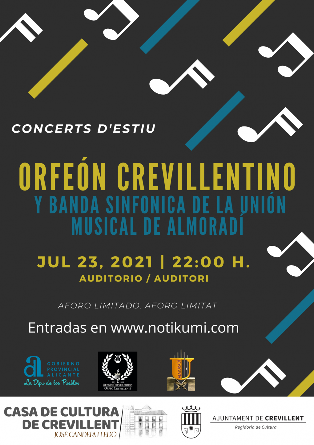 CONCERTS D’ESTIU:  A CARGO DEL ORFEÓN CREVILLENTINO Y LA BANDA SINFÓNICA DE LA UNIÓN MUSICAL DE ALMORADÍ.