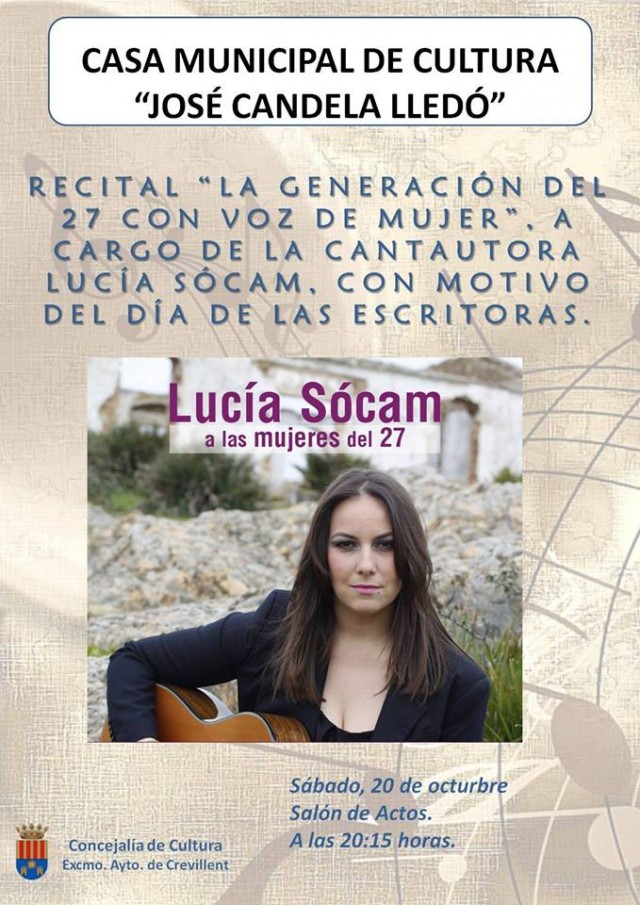 La Casa Municipal de Cultura acoge el recital “La generación del 27 con voz de mujer” a cargo de Lucia Sócam